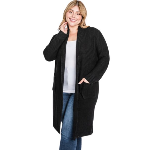 Heavy Knit Long Open Cardigan with Pockets in Black - Picture 5 of 5